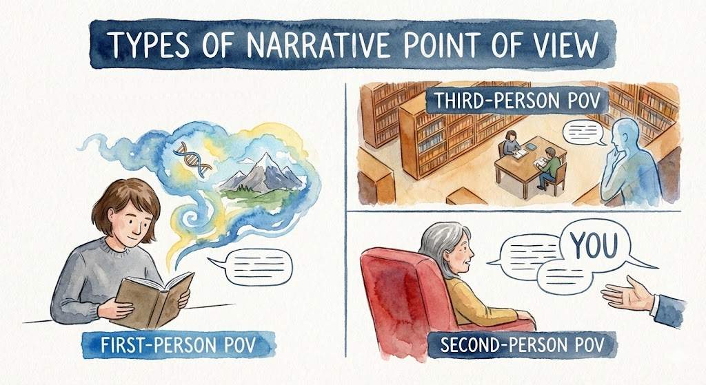 Types of narrative point of view: first-person POV, second-person POV, and third-person POV