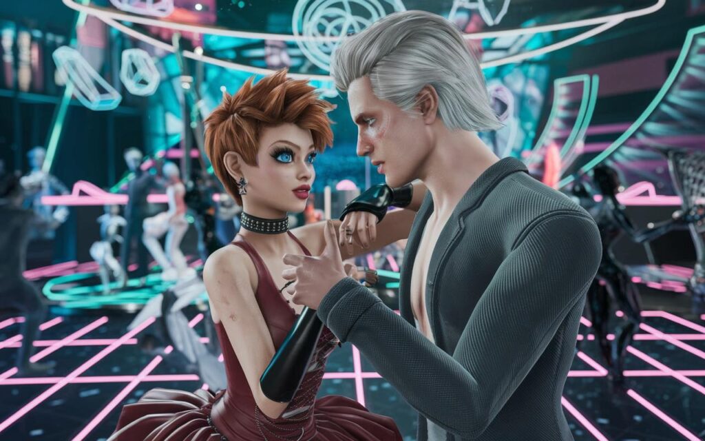 Parzival (Wade Watt's avatar) meeting Art3mis for the first time in Distracted Globe dance club in OASIS
