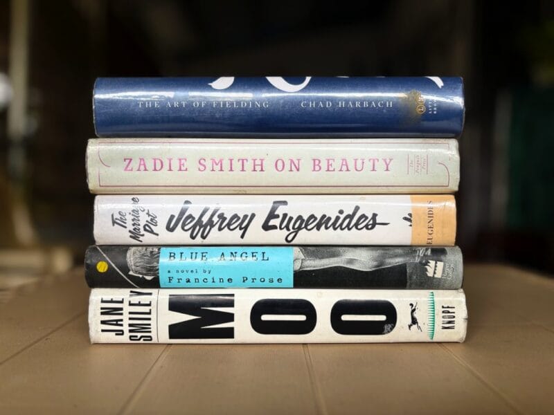 The Art of Fielding by Chad Harbach, On Beauty by Zadie Smith, The Marriage Plot by Jeffrey Eugenides, Blue Angel by Francine Prose, and Moo by Jane Smiley