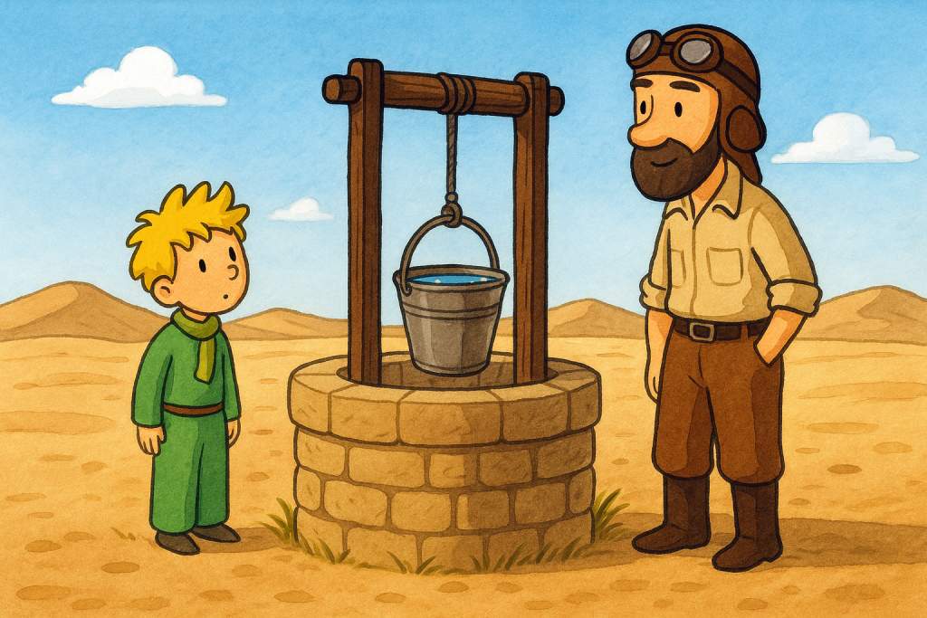 The pilot and the little prince at the well