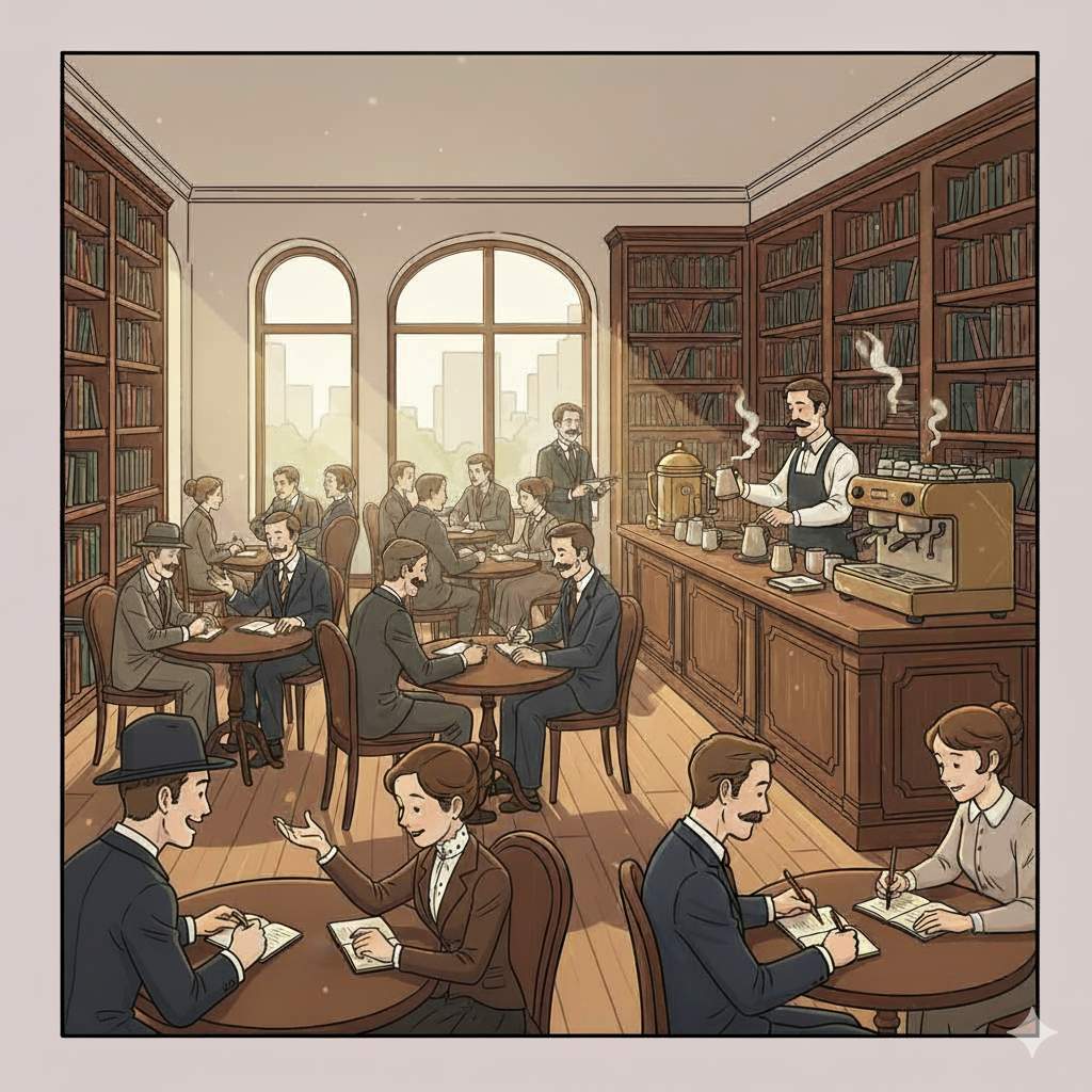 bustling european coffeehouse in 20th century