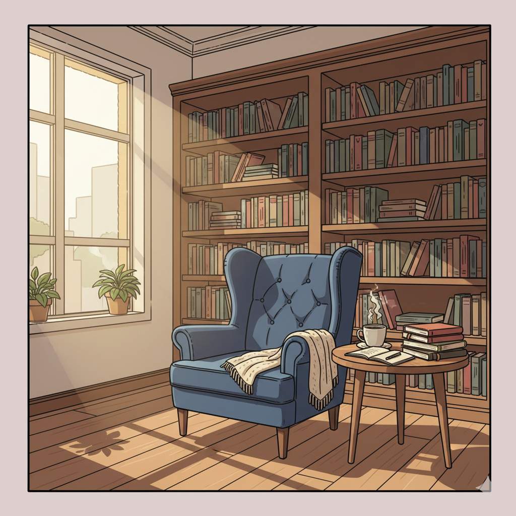 Drinking coffee in a home library