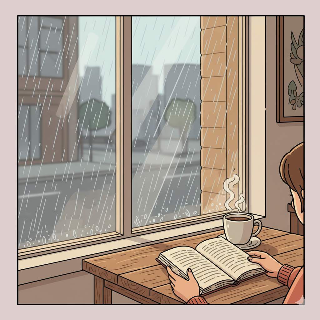 Reading with a warm coffee on a rainy day